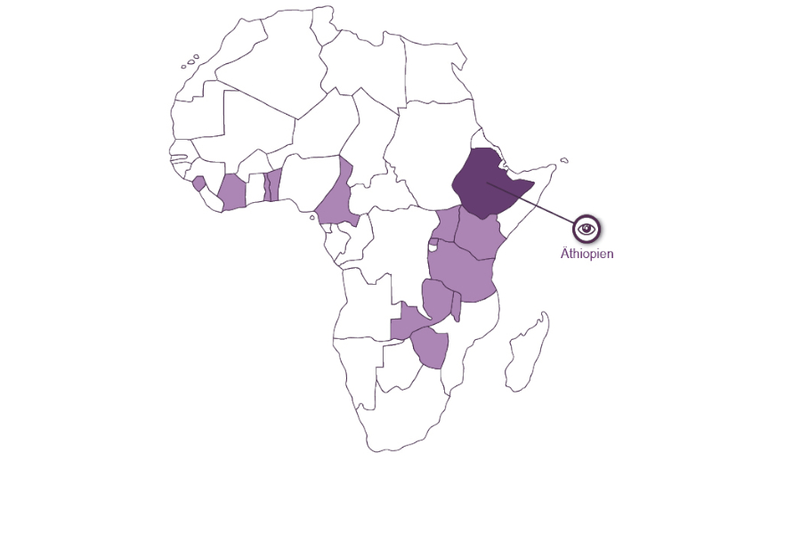 Eine Afrika Karte, auf der die Republik Äthiopien im Osten des Kontinents violett hervorgehoben ist.