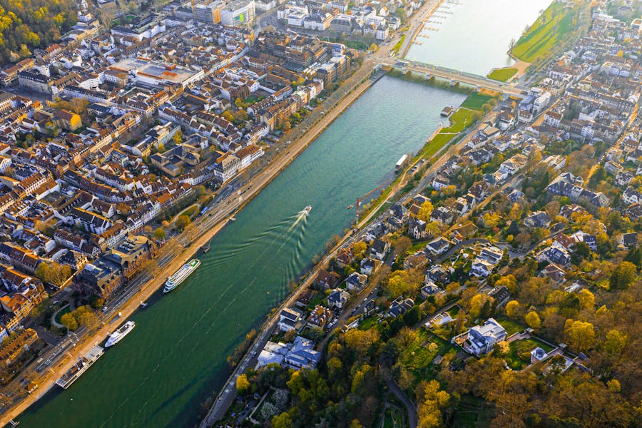 Bonn, birds eye perspective, ship cruising on the Rhine